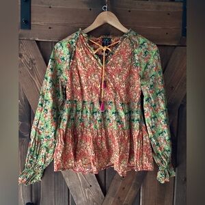 Green and Orange Smocked Ruffled Blouse 100% cotton